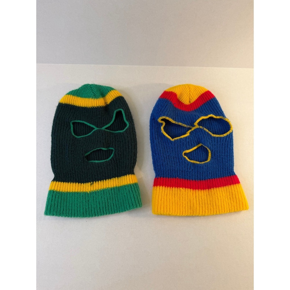 (2) VTG Knit 70s Ski Robber Mask Full Face 3 Hole Multi-Color Retro Balaclava